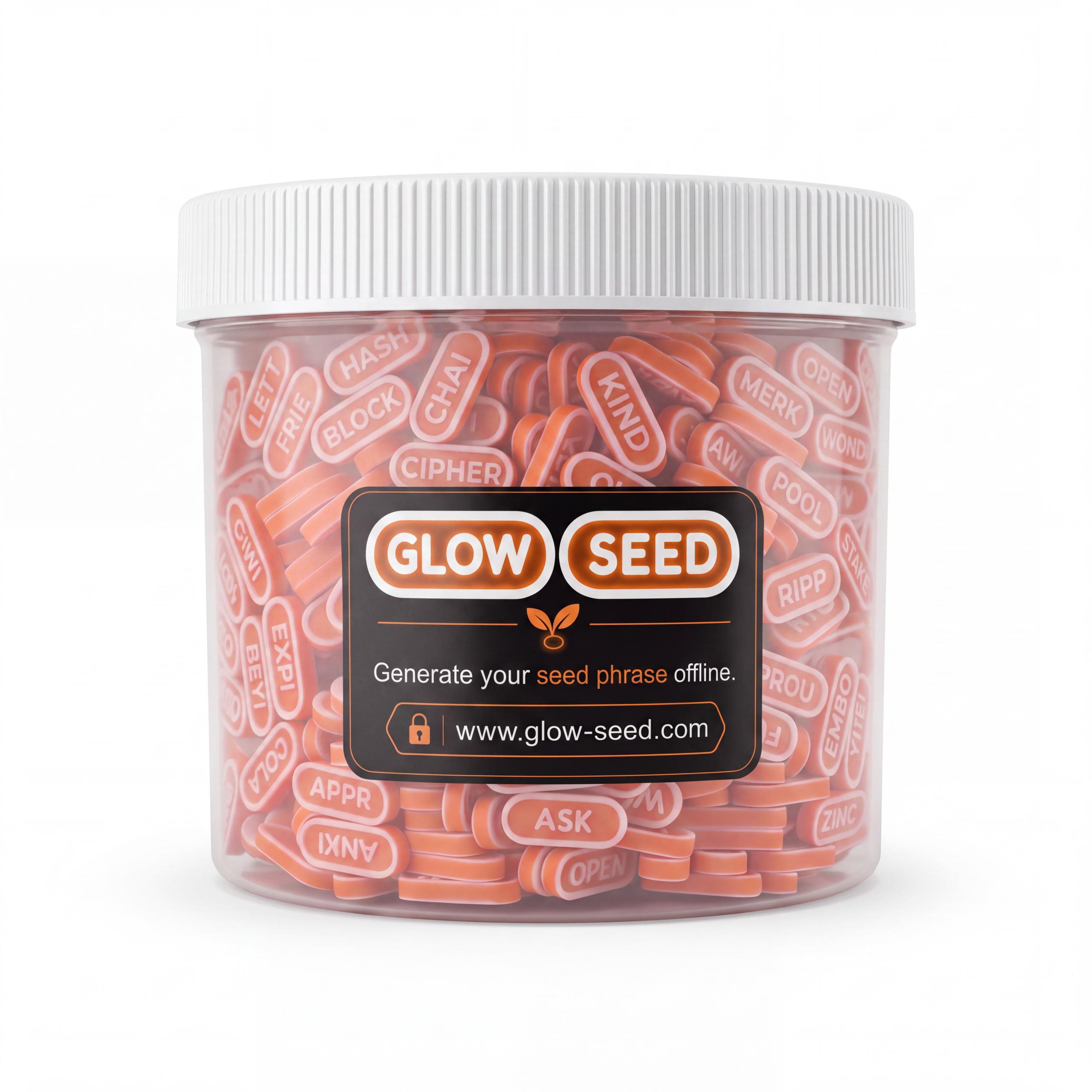 Orange BIP 39 Seed Tiles in Jar.